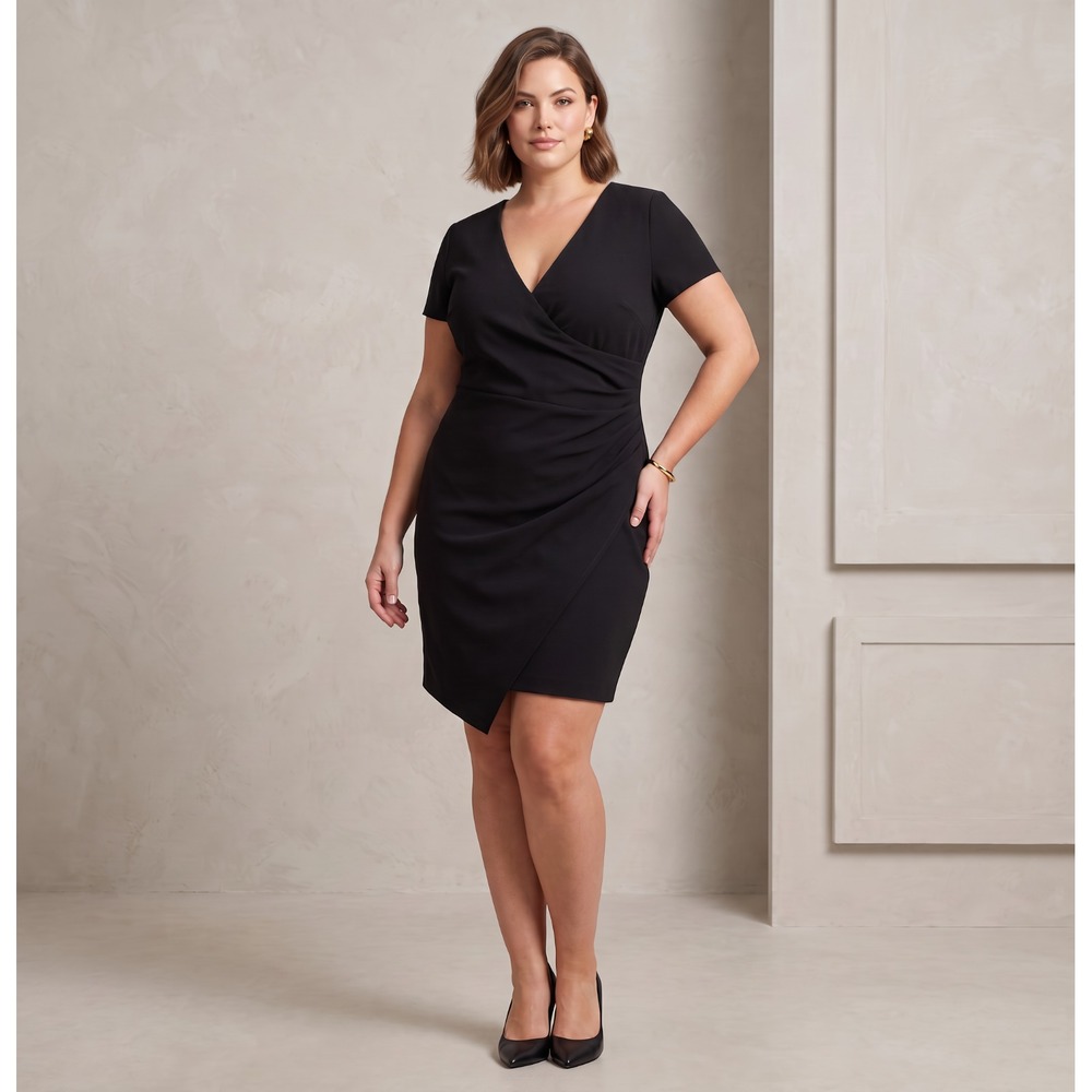 Bisou Bisou Asymmetrical V Neck Cocktail Dress Gold Zip Office Quiet Luxury 18W